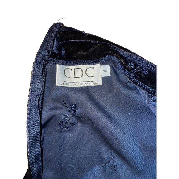 Vintage 90s CDC Caren Desiree Company Blue Velvet Mock Neck Short Sleeve Dress - Picture 4 of 4